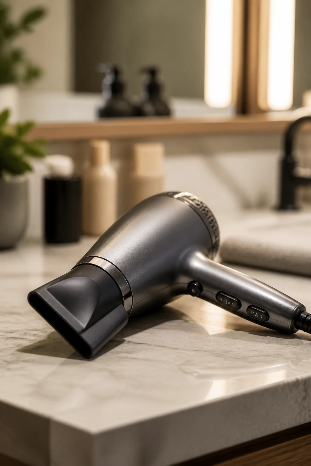 Close-up of a blow dryer with concentrator nozzle on a bathroom counter.