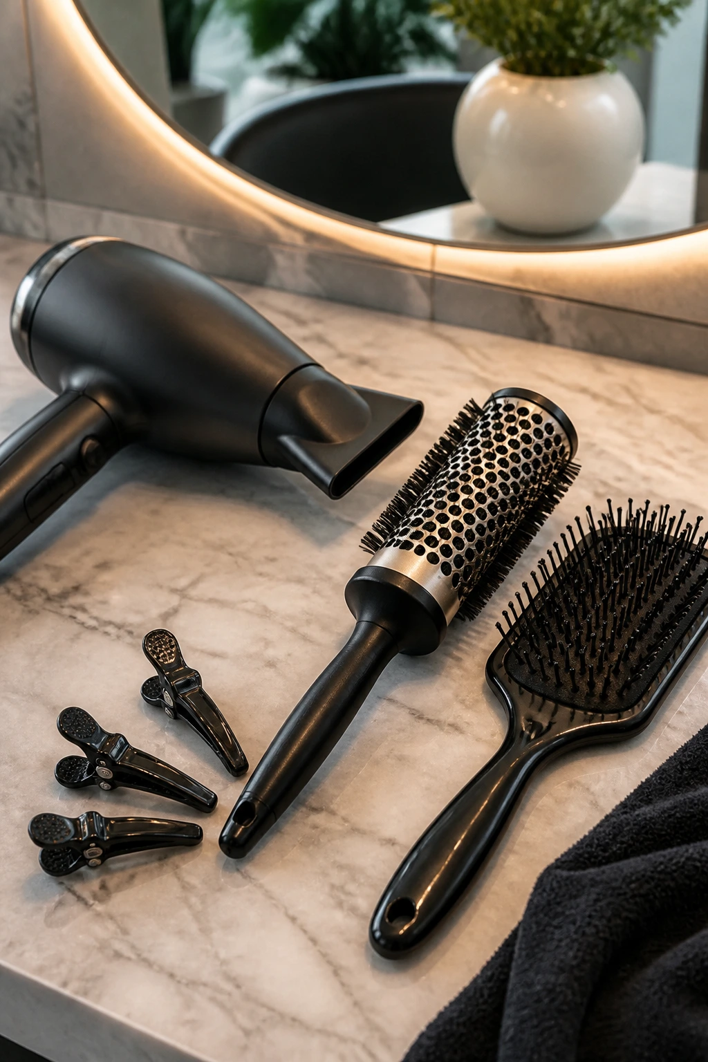 Close-up of blow dryer, brushes, and clips on a vanity