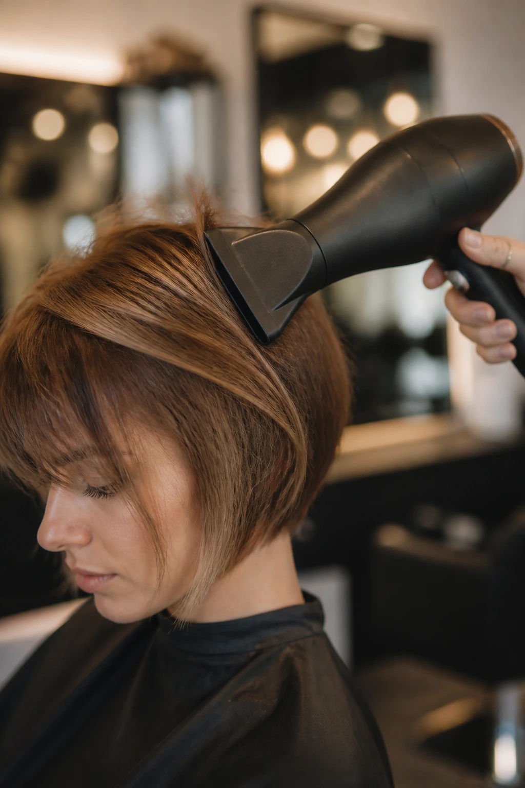 Close-up of a professional blow dryer used on hair in a salon setting
