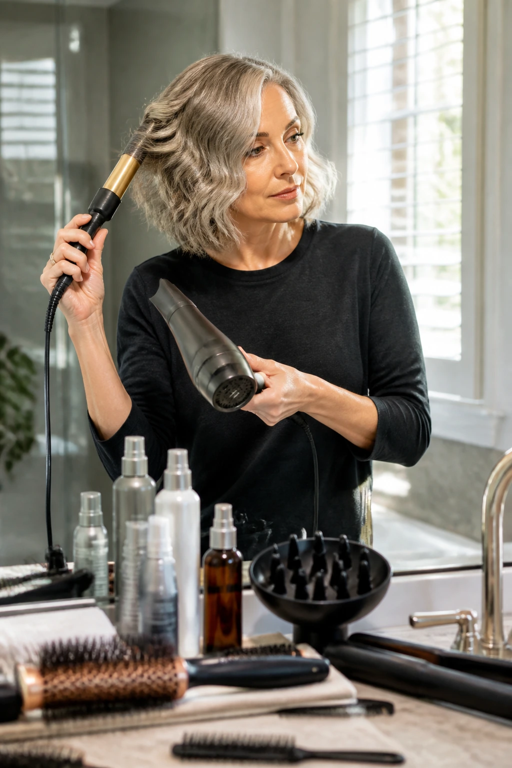 Person styling hair with a blow dryer and curling wand in bright bathroom