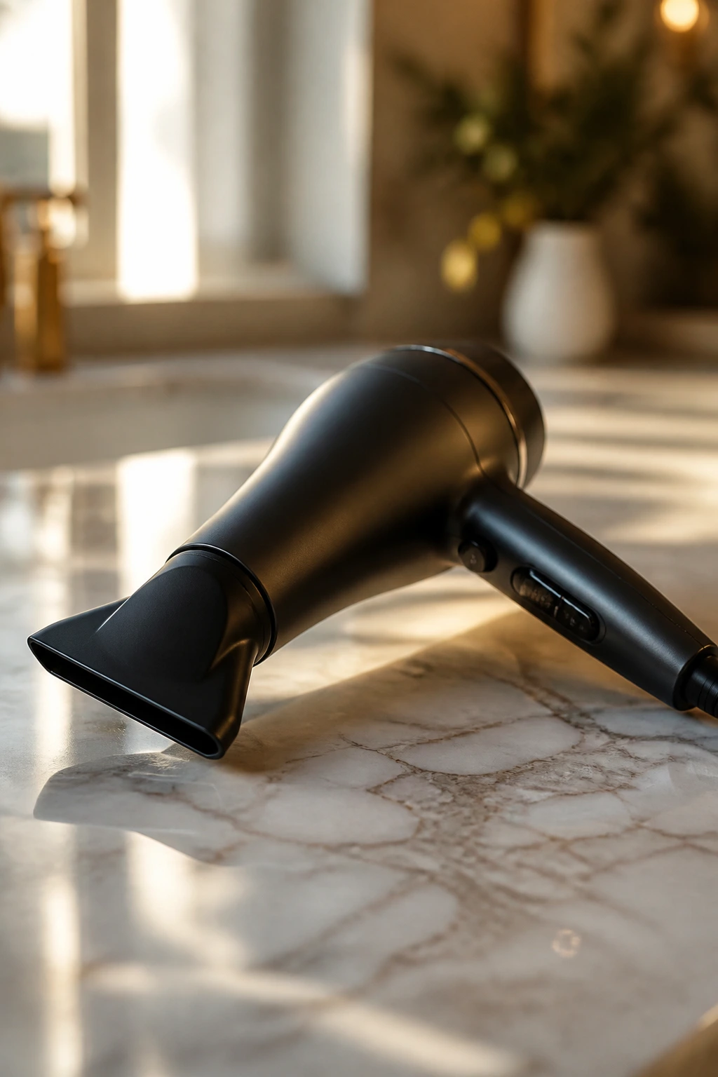 Close-up of a blow dryer on a bathroom counter