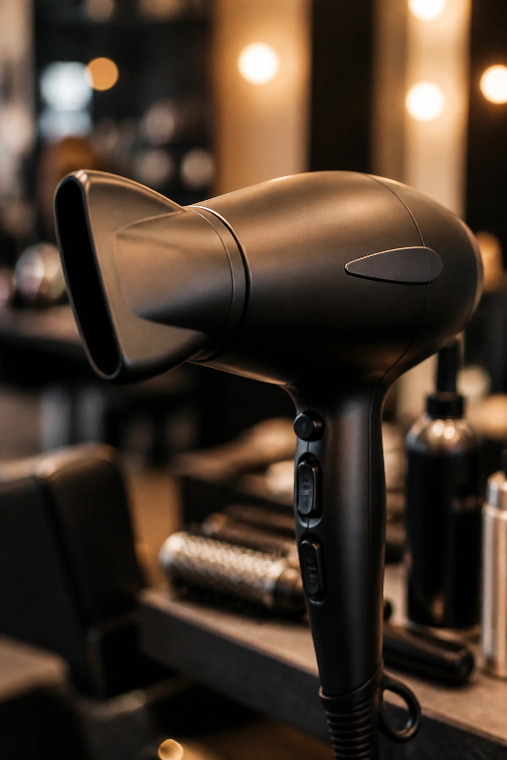 Close-up of a blow dryer nozzle in a salon setting.