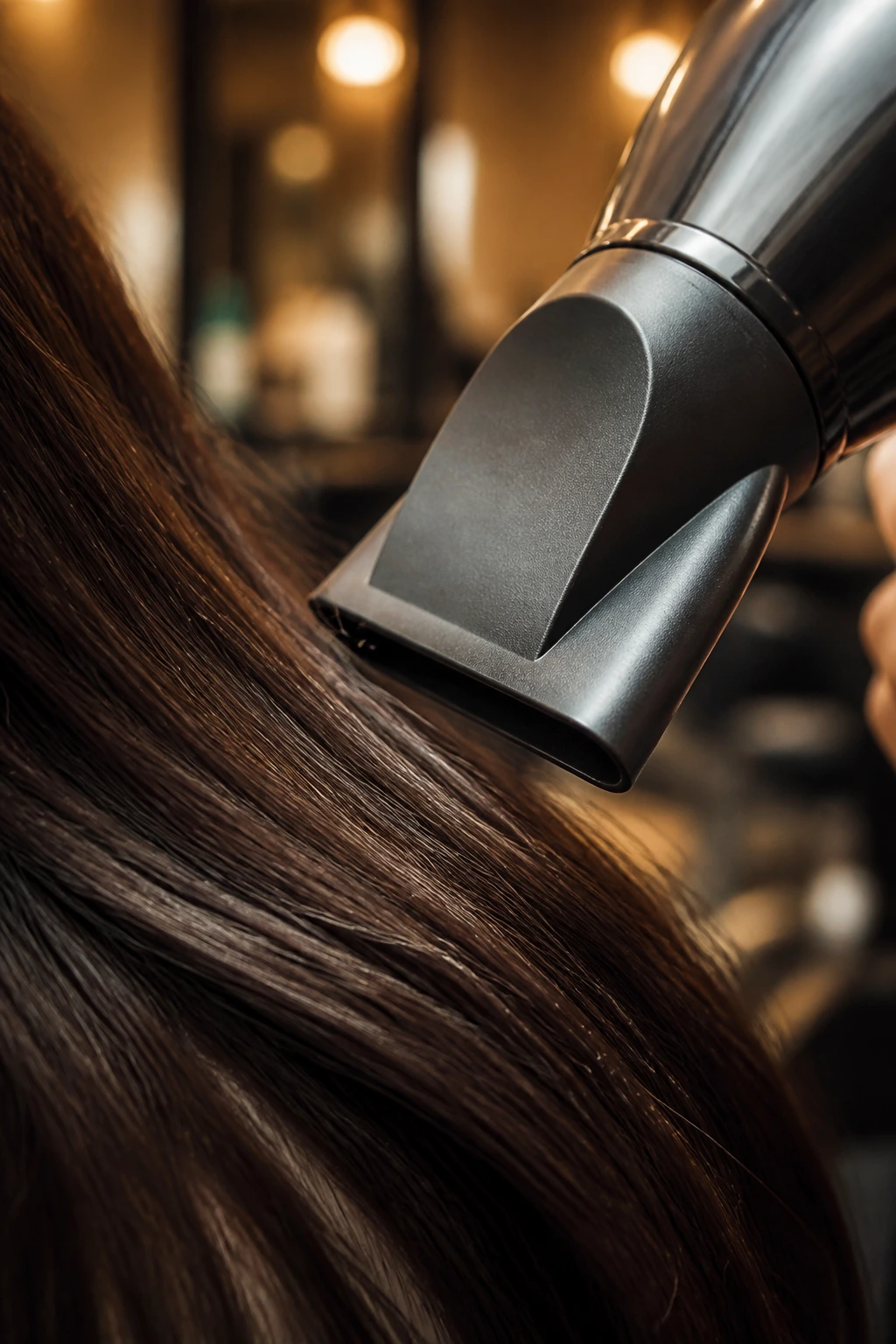 Close-up of a blow dryer nozzle directed at dense thick hair in a salon setting.