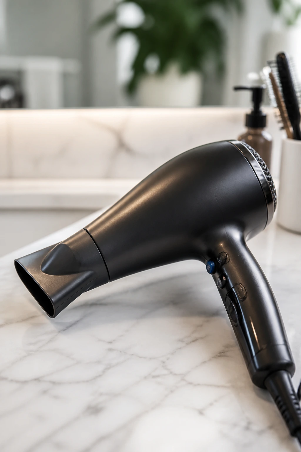 Close-up of a blow dryer with nozzle on a bathroom vanity
