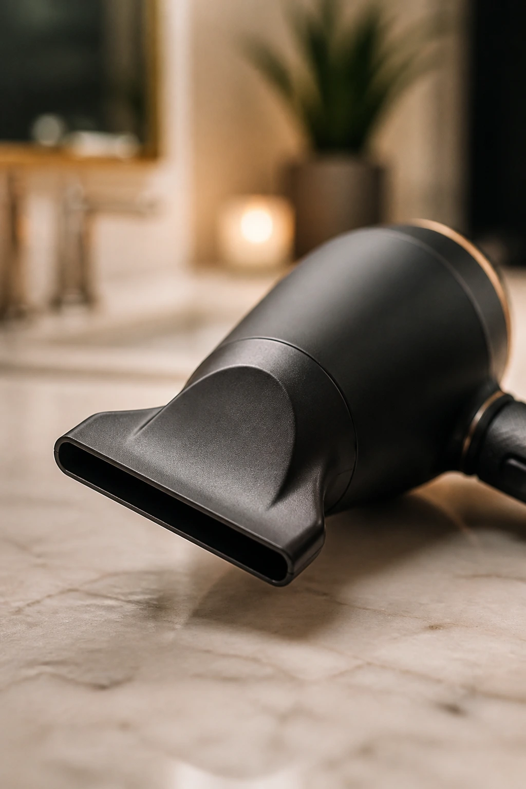 Close-up of a blow dryer nozzle on a counter, ready to style