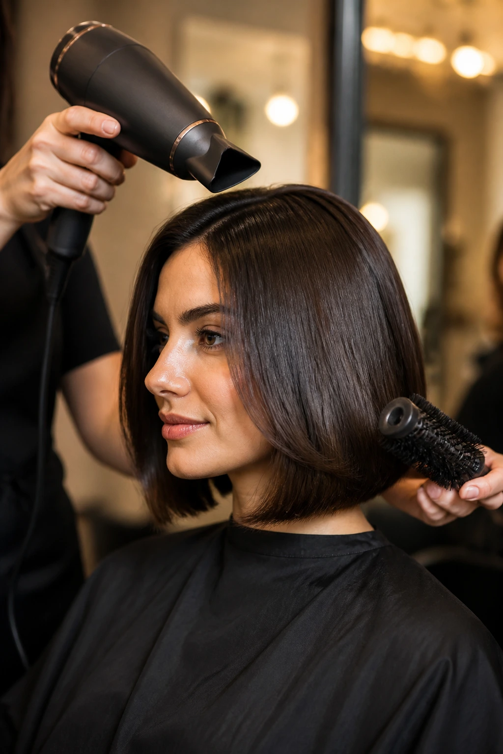 Real person in salon with sleek bob as blow dryer shapes the ends