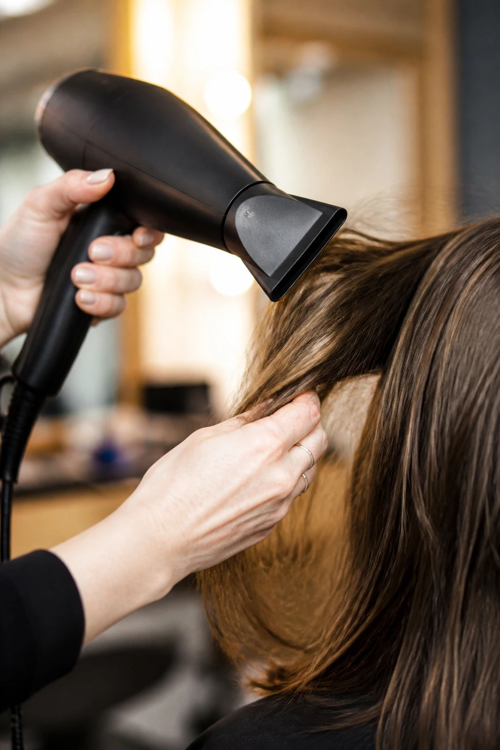 Close-up of stylist's hands with a blow-dryer nozzle styling hair in salon