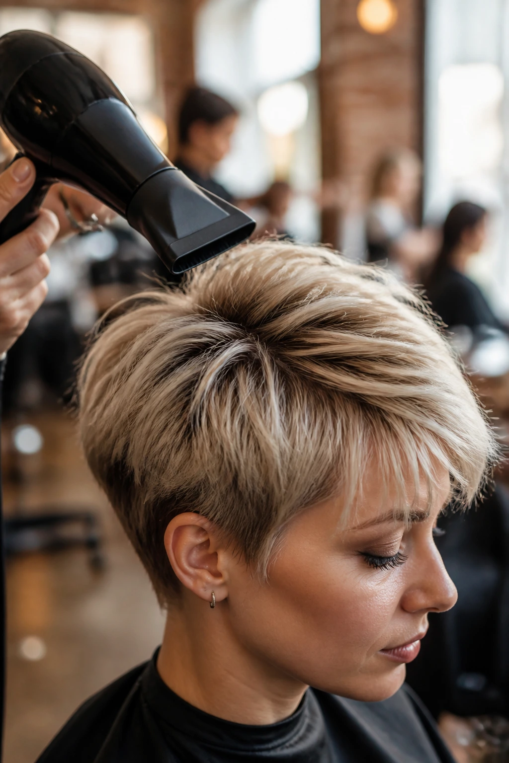 Close-up of a blow dryer nozzle lifting the crown of short hair in a salon