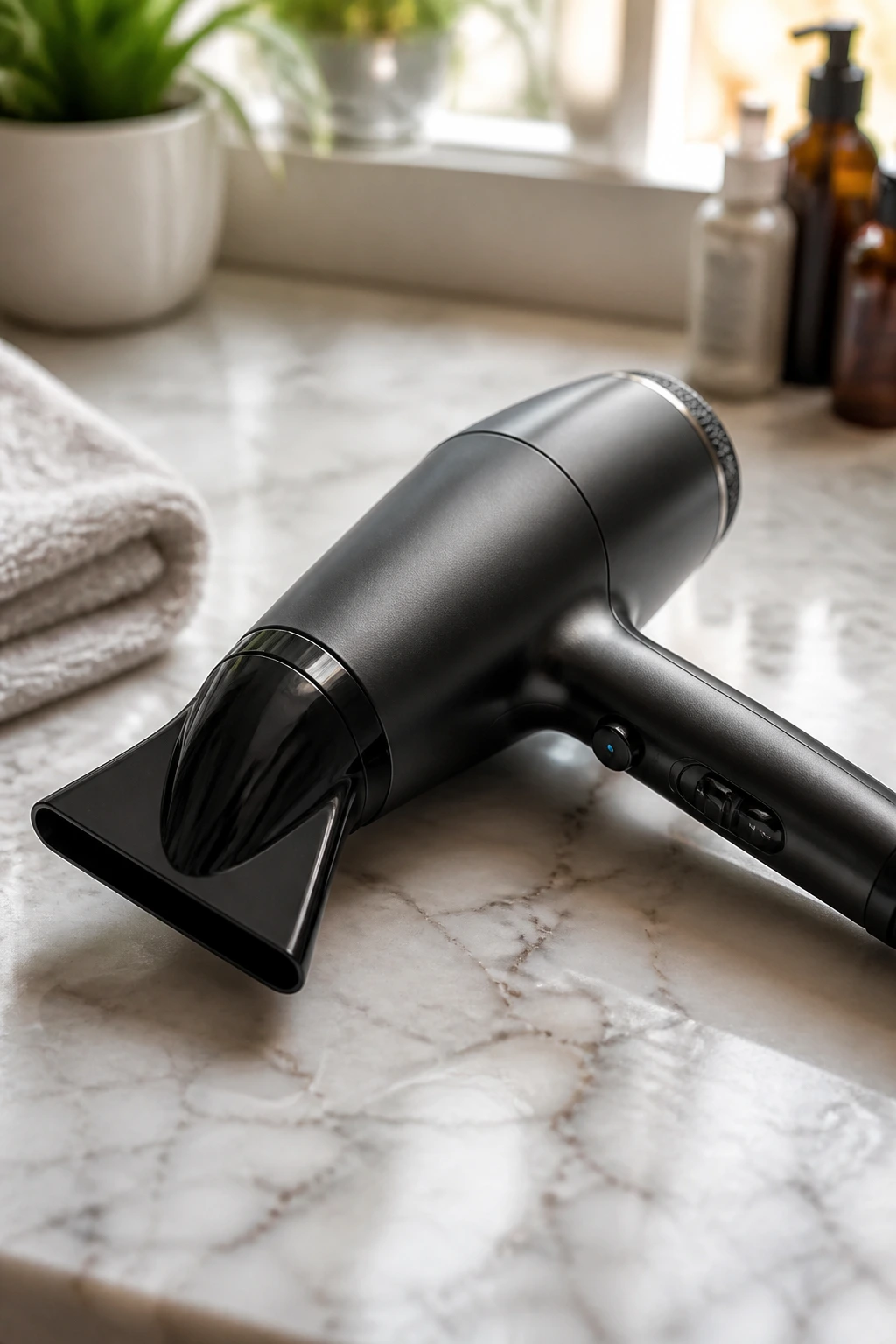 Close-up of a blow dryer nozzle, tool-focused in a minimal bathroom setting