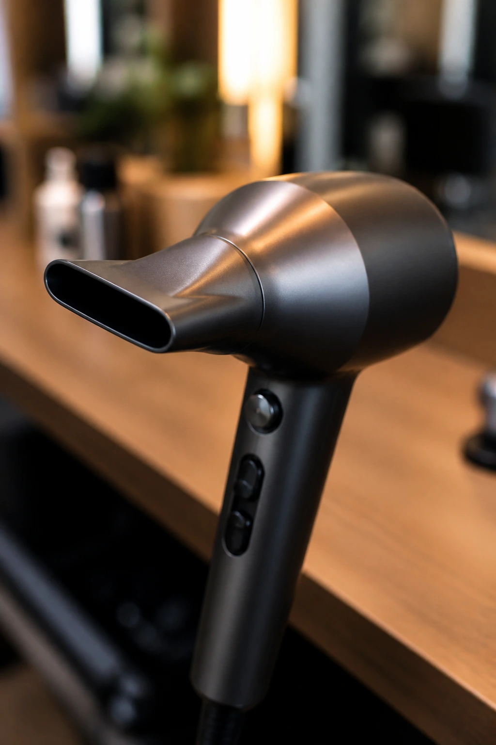 Close-up of a professional blow dryer with nozzle attachment in a salon