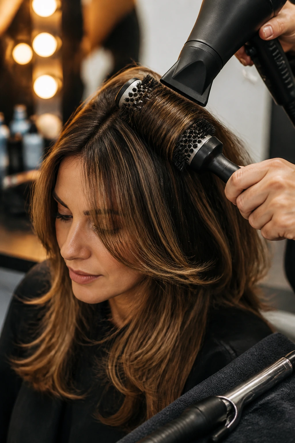 Close-up of tools and hair being styled in a salon setting