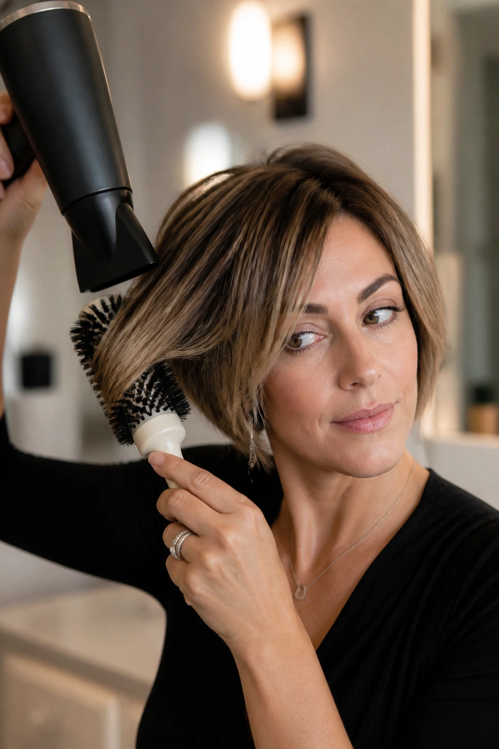 Real person using a blow dryer and round brush to style a bob.