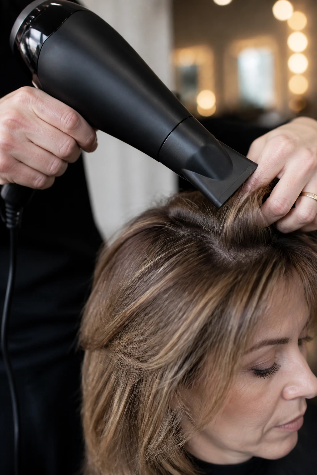 Close-up of a blow dryer nozzle directing air at the roots of fine hair in a salon.