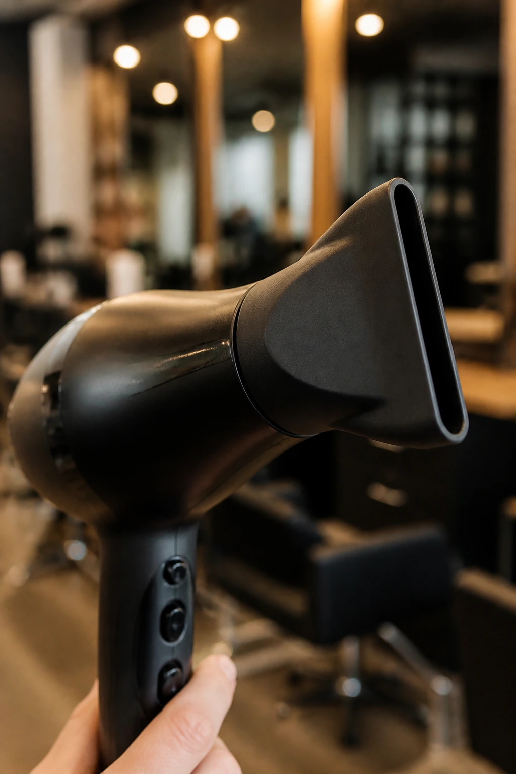 Close-up of a blow dryer with concentrator nozzle in a salon setting