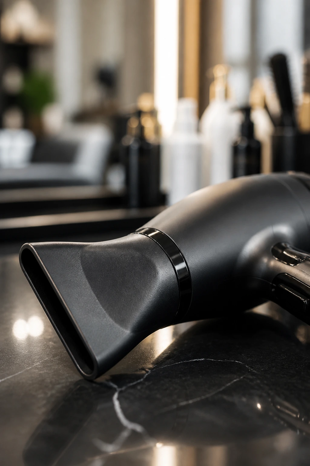 Close-up of a professional hair styling blow dryer with concentrator nozzle.