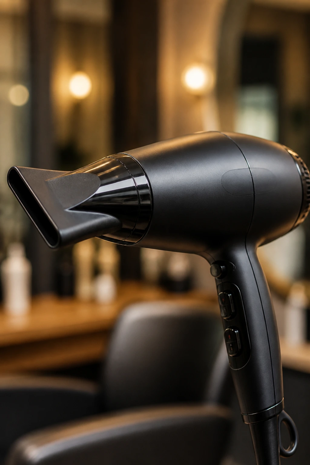 Close-up of professional blow dryer with concentrator nozzle on a neutral surface.