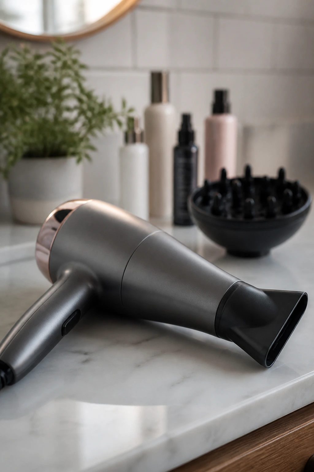 Close-up of a blow dryer on a bathroom counter as a styling tool