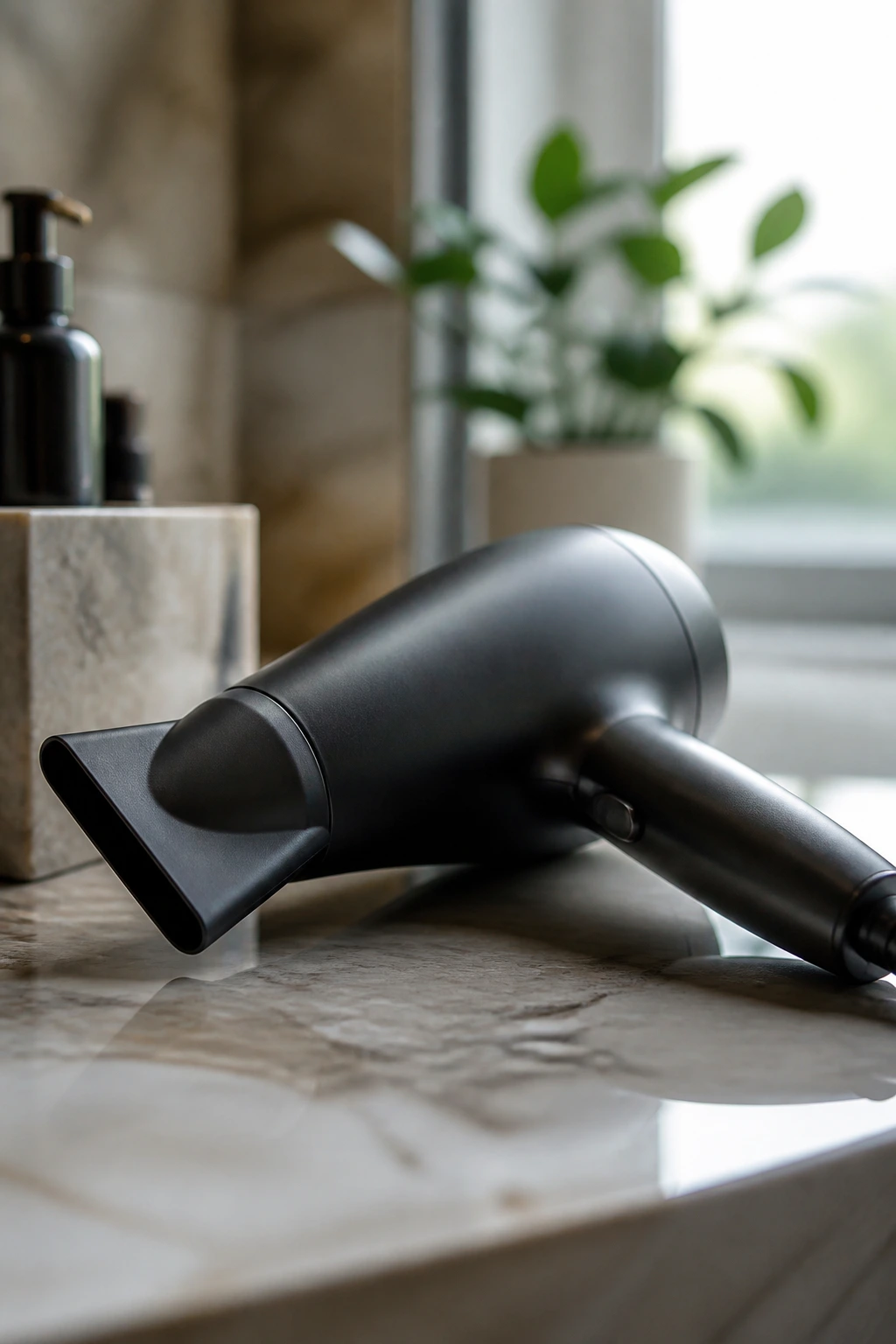 Close-up of a blow dryer with nozzle on a bathroom counter, ready-to-style setup.