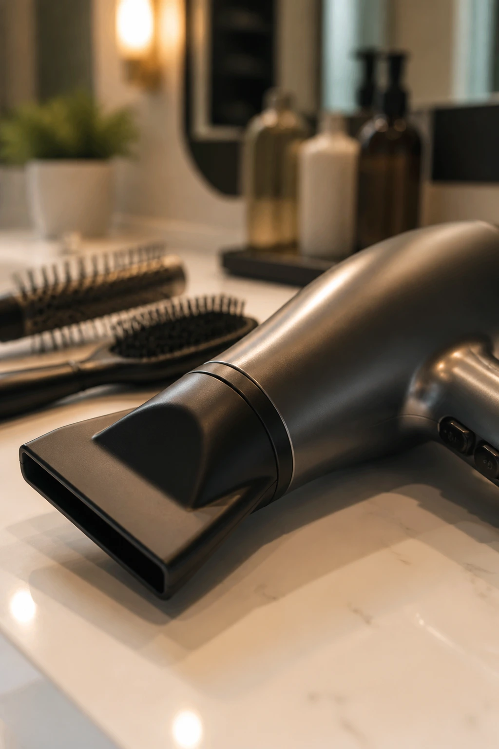Close-up of a modern blow-dryer with concentrator nozzle on a bathroom counter, tool highlighted for hair styling.