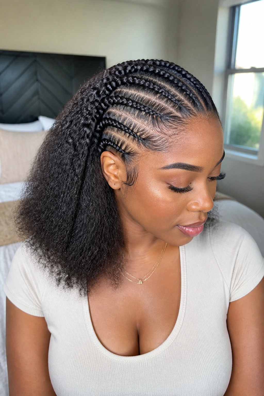 Profile shot of a real woman with blown-out base and half braids on top