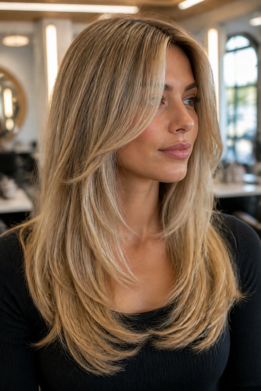 Portrait of a real woman with a salon blowout angle and face-framing layers