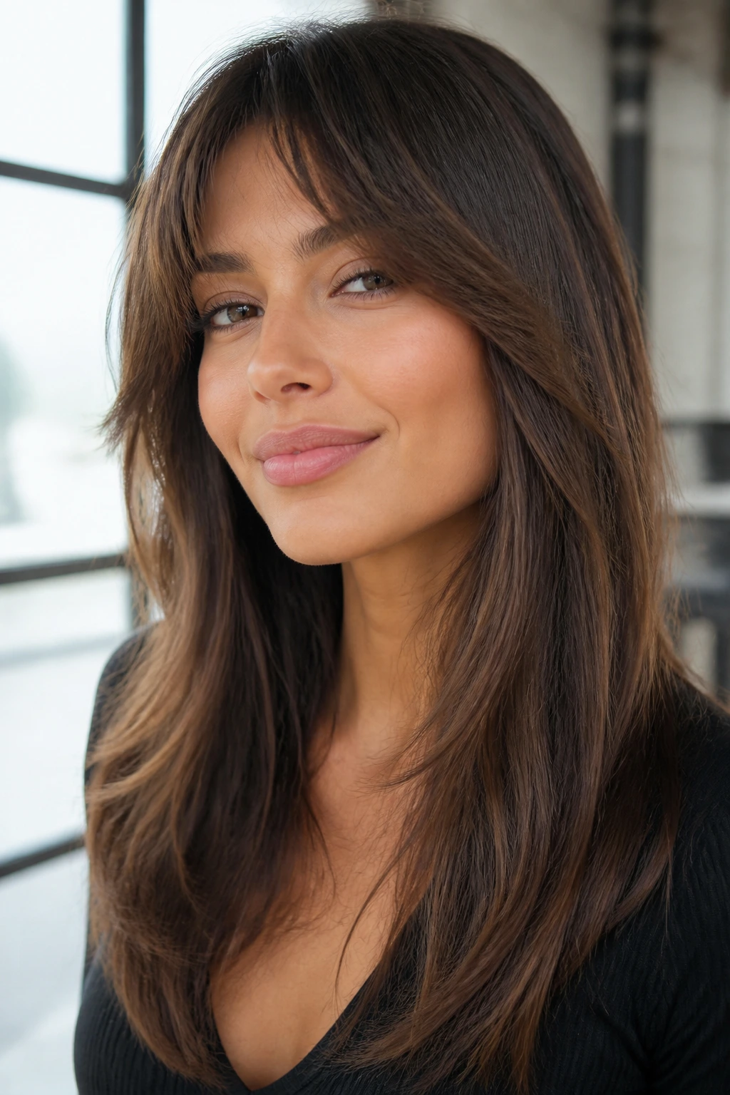 Real person with brushed-out blowout bangs lifted from the forehead