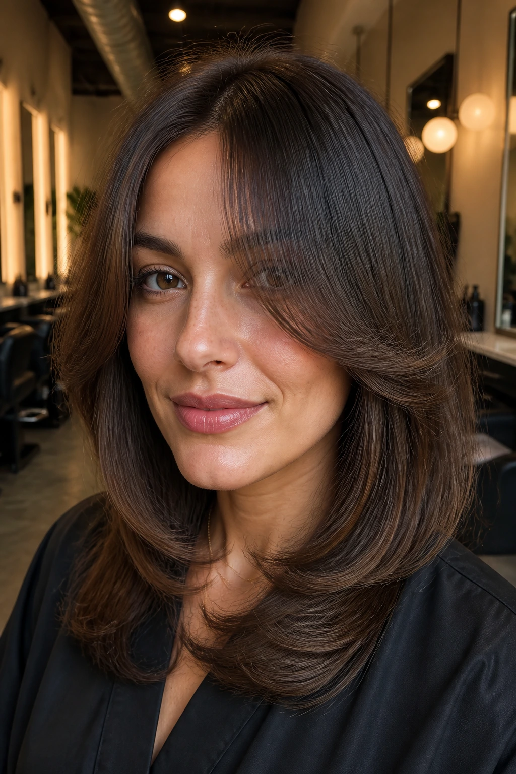 Portrait of blowout bangs forming a smooth C-shaped curve on a real person
