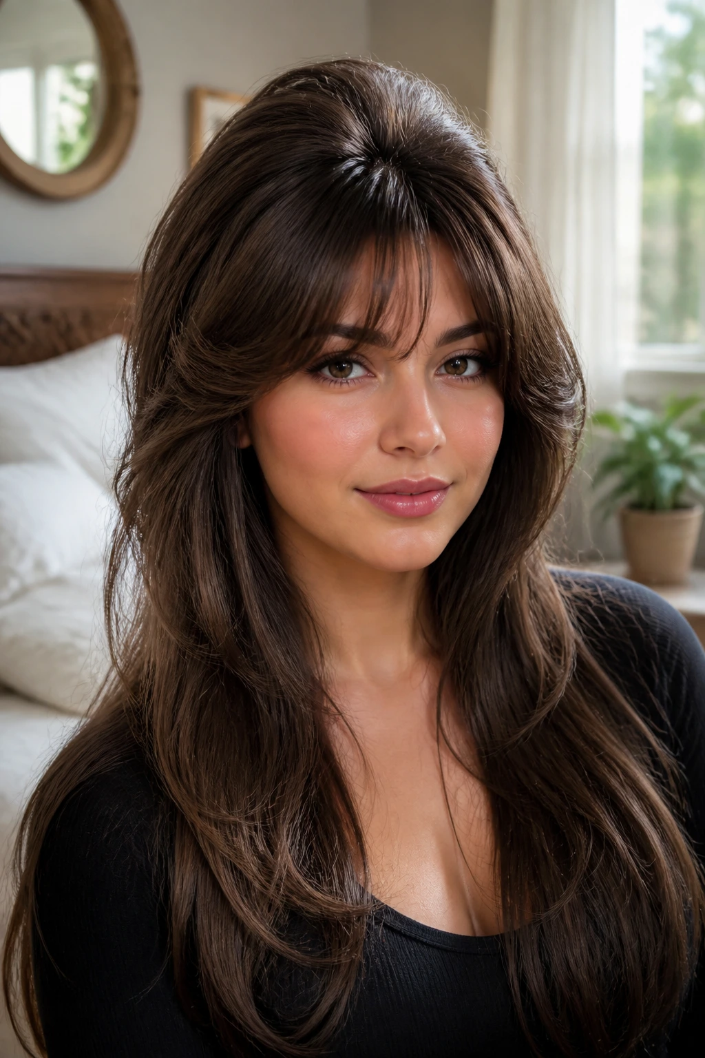 Close-up portrait of a real woman with blowout bangs and crown volume in natural light