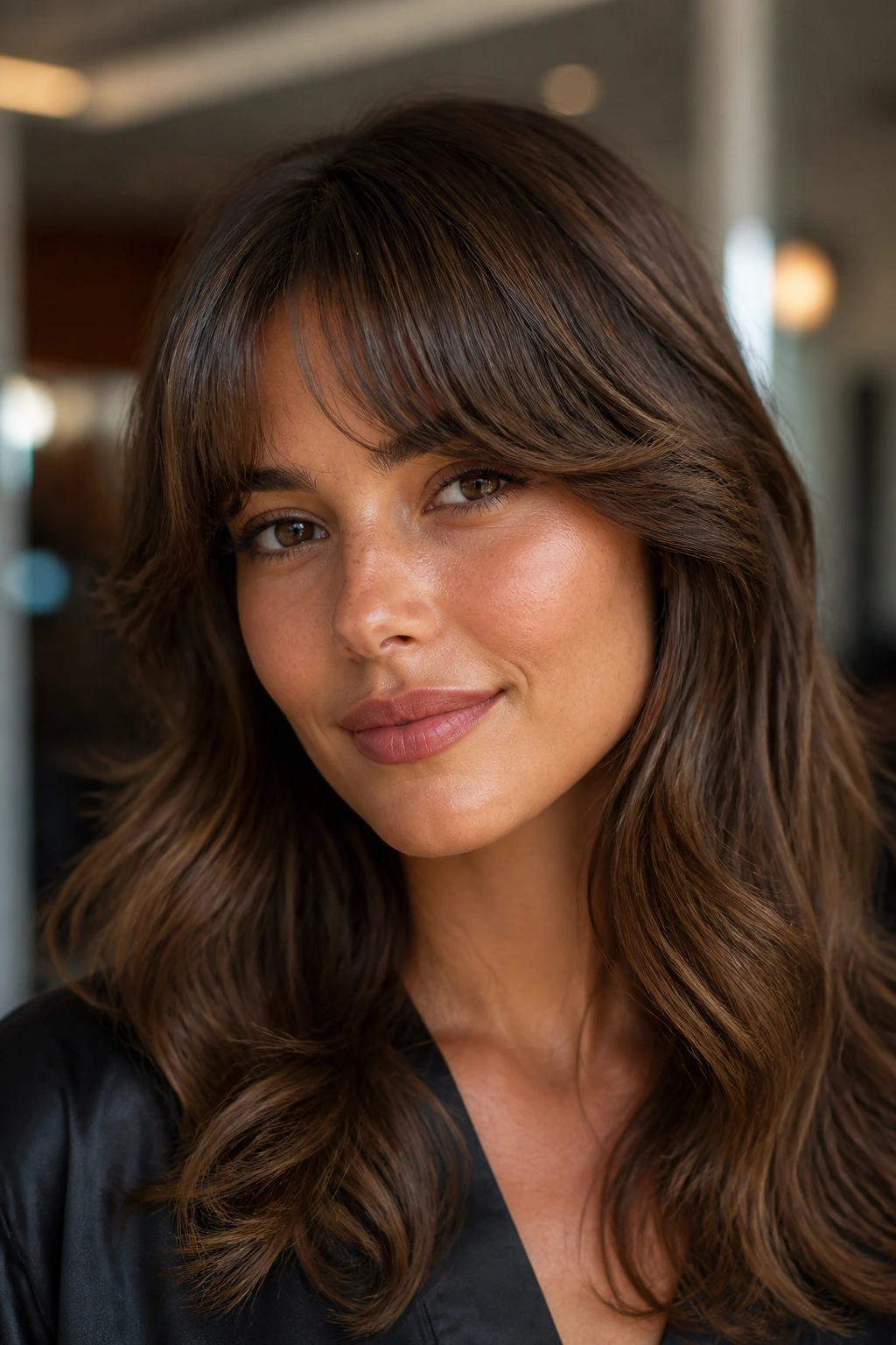 Close-up of a real woman with rounded blowout bangs forming a soft C-shape over the brow.