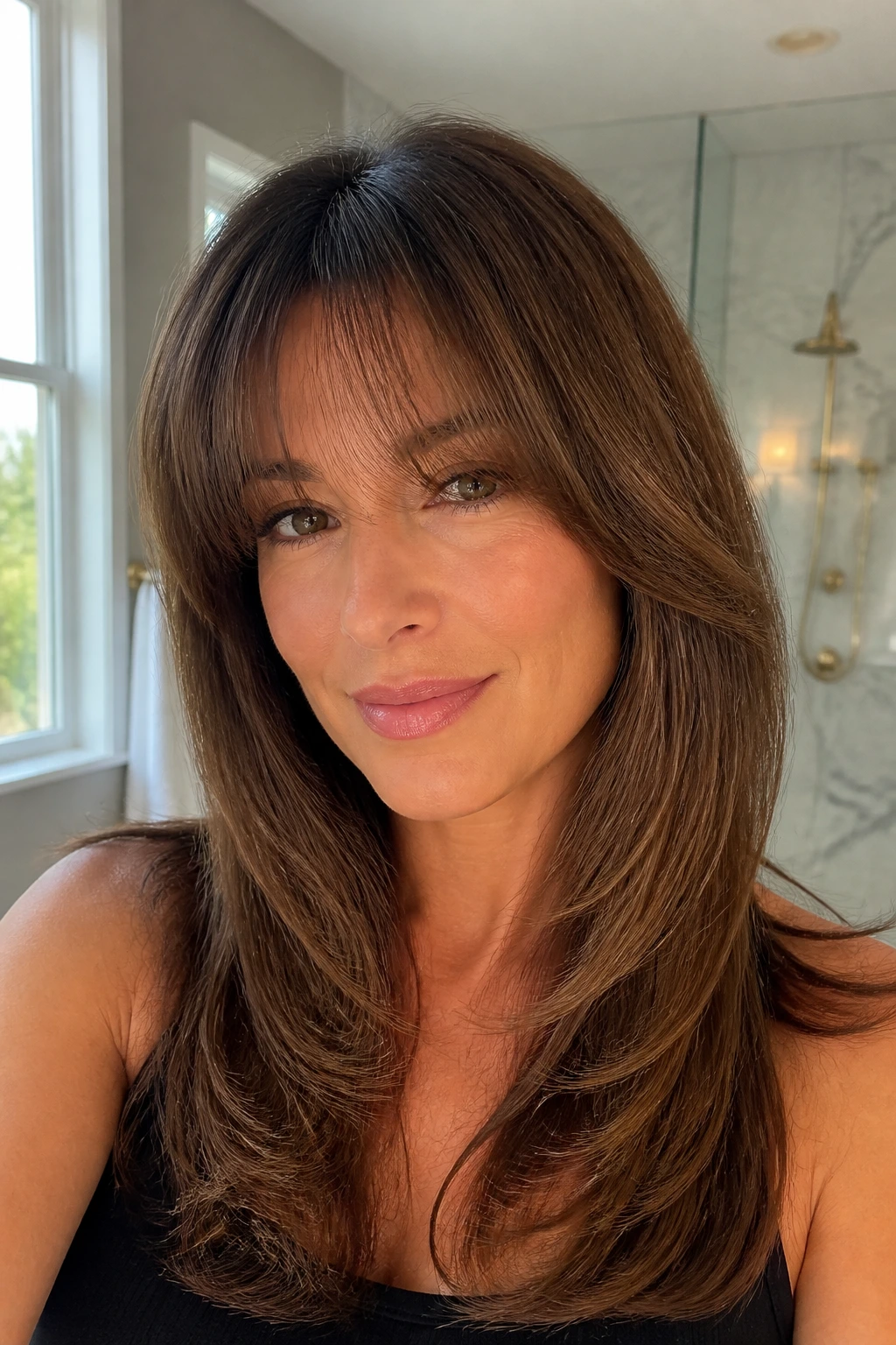Close-up portrait of a woman with rounded-end blowout bangs framing the face