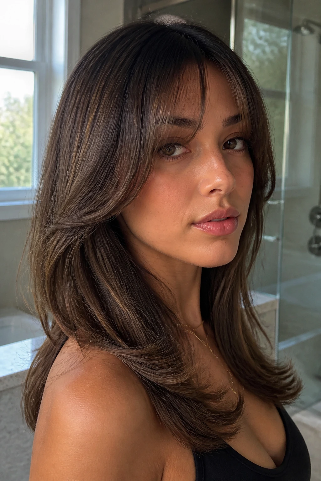 Close-up portrait of a real person with blowout bangs and a gentle under-curl.