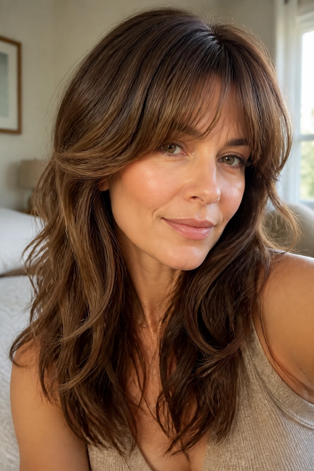 Close-up of a real woman with glossy wavy hair and rounded bangs