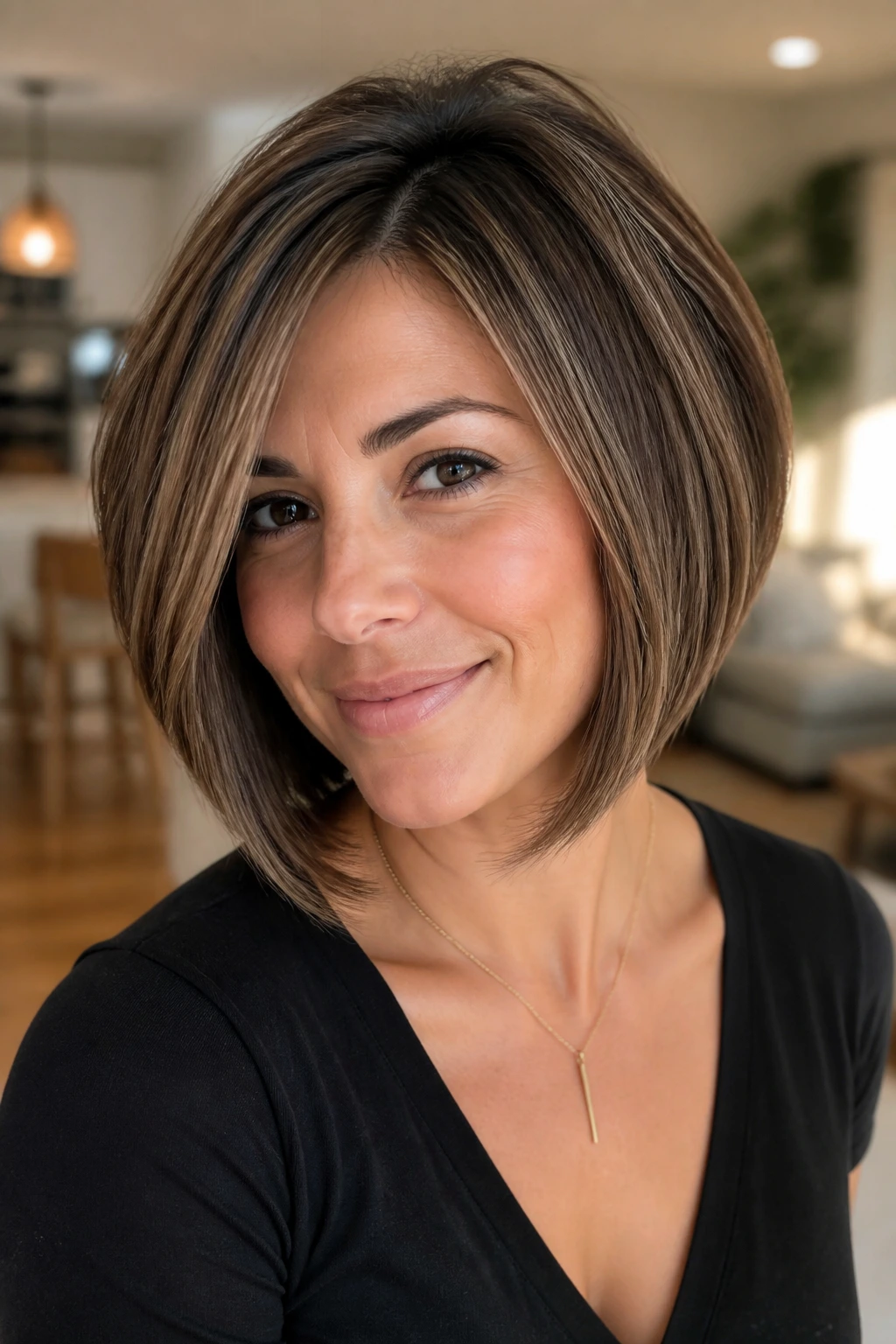 Close-up portrait of a real woman with a blowout bob neutral brown lowlights in bright interior light