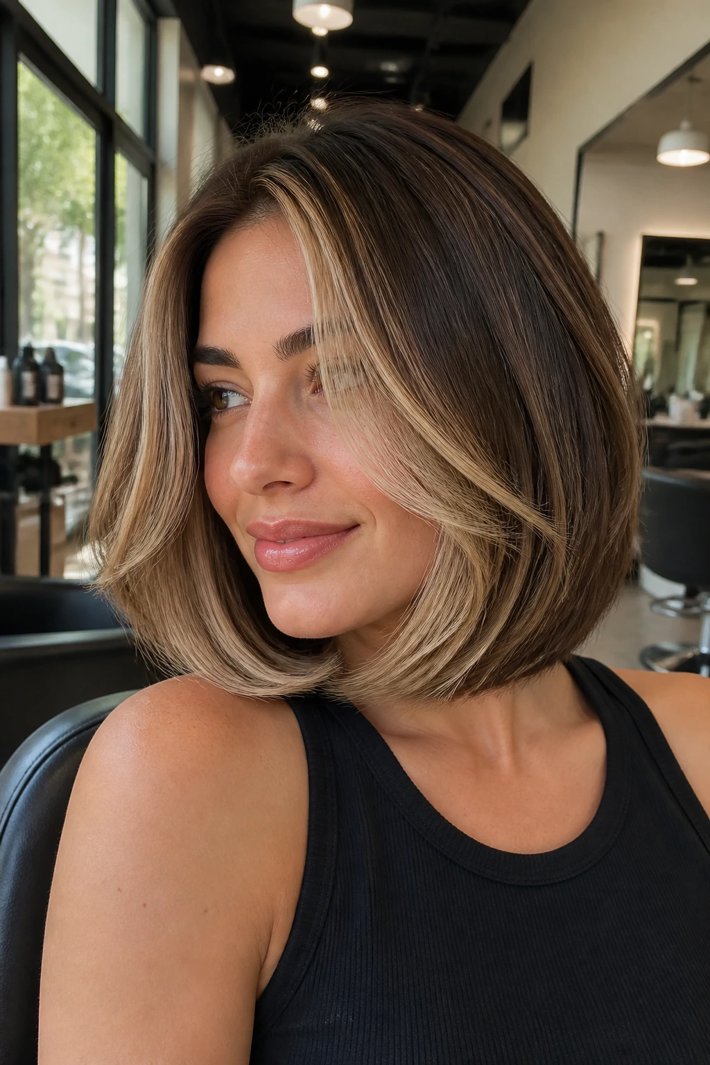 Close-up of a real woman with a glossy blowout bob and creamy face-frame highlights.