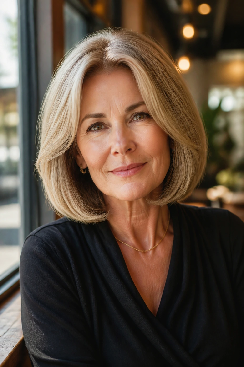 Real woman with polished blowout bob in warm cafe lighting