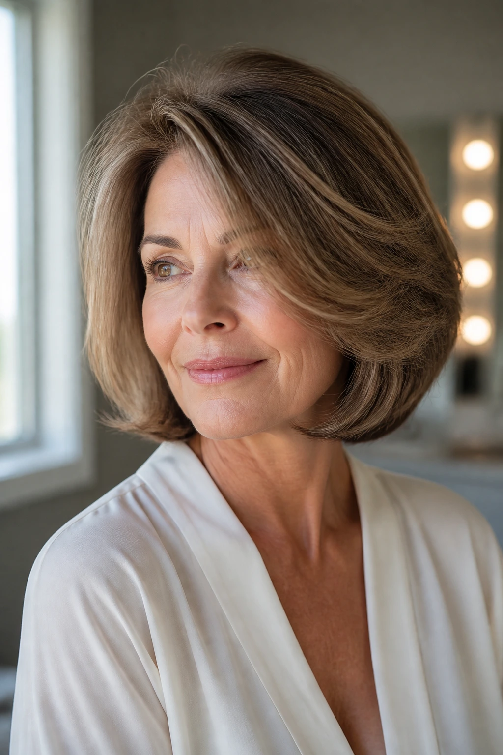 Portrait of a woman with a blowout bob and lifted crown in soft light.
