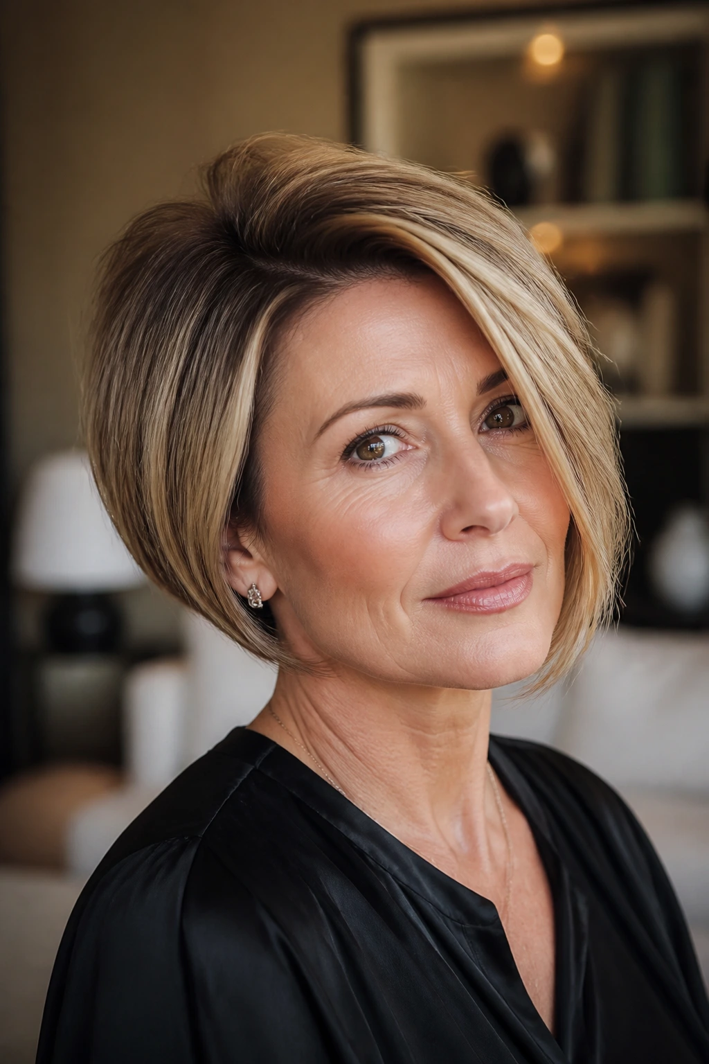 Portrait of a woman with a voluminous blowout bob and lifted roots