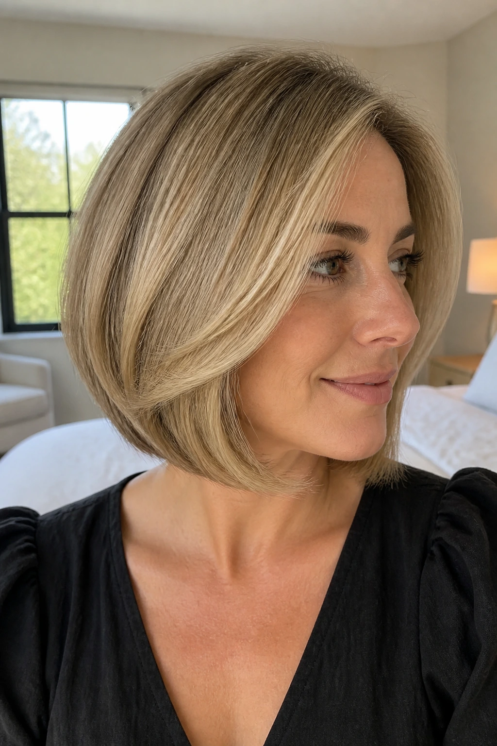 Portrait of real person with Blowout Bob featuring rounded ends and stacked back