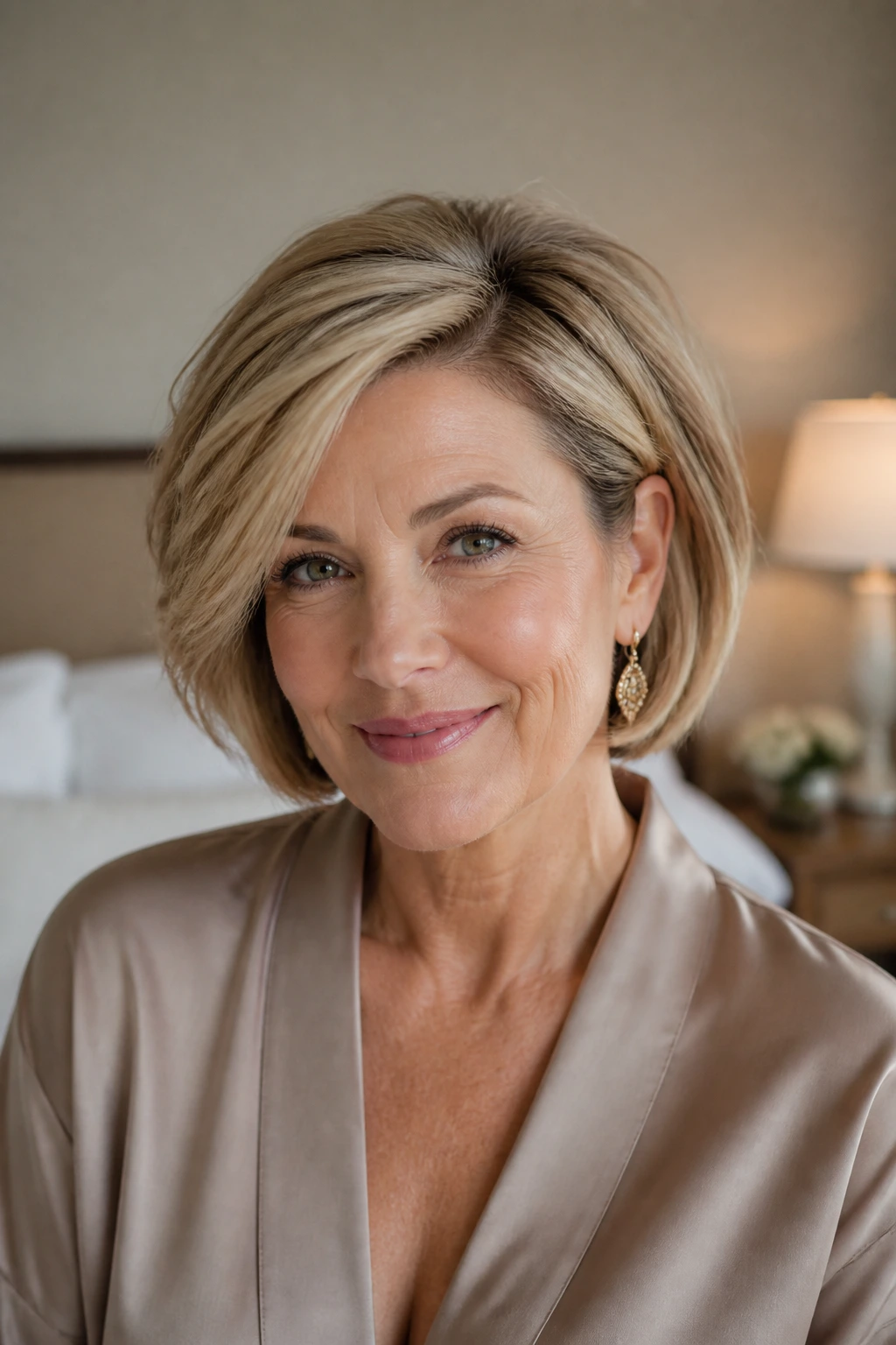 Close-up of a woman with a side-parted blowout bob in soft bedroom light