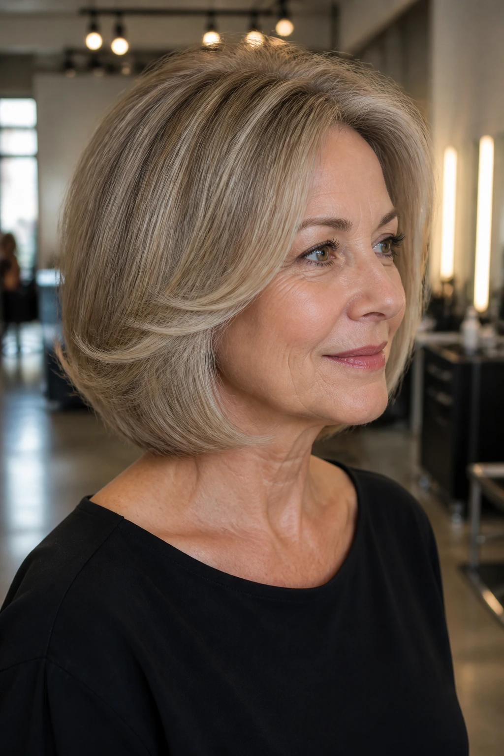 Close-up of a woman with a blowout bob and swung ends