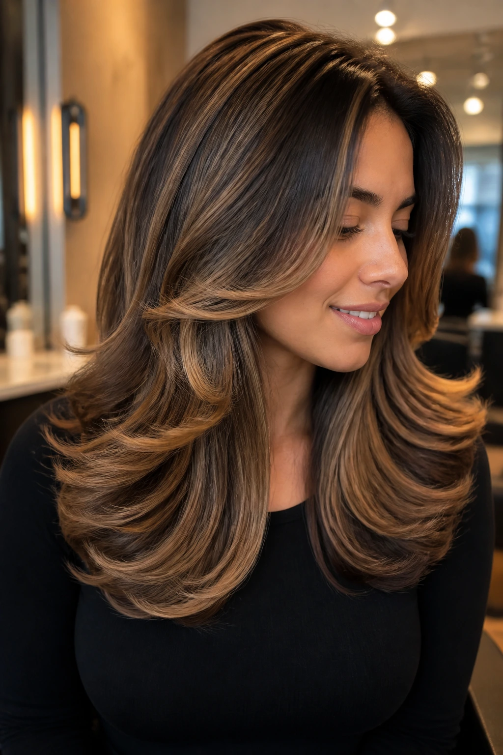 Close-up of a real woman with a voluminous blowout and flipped ends, caramel highlights catch light