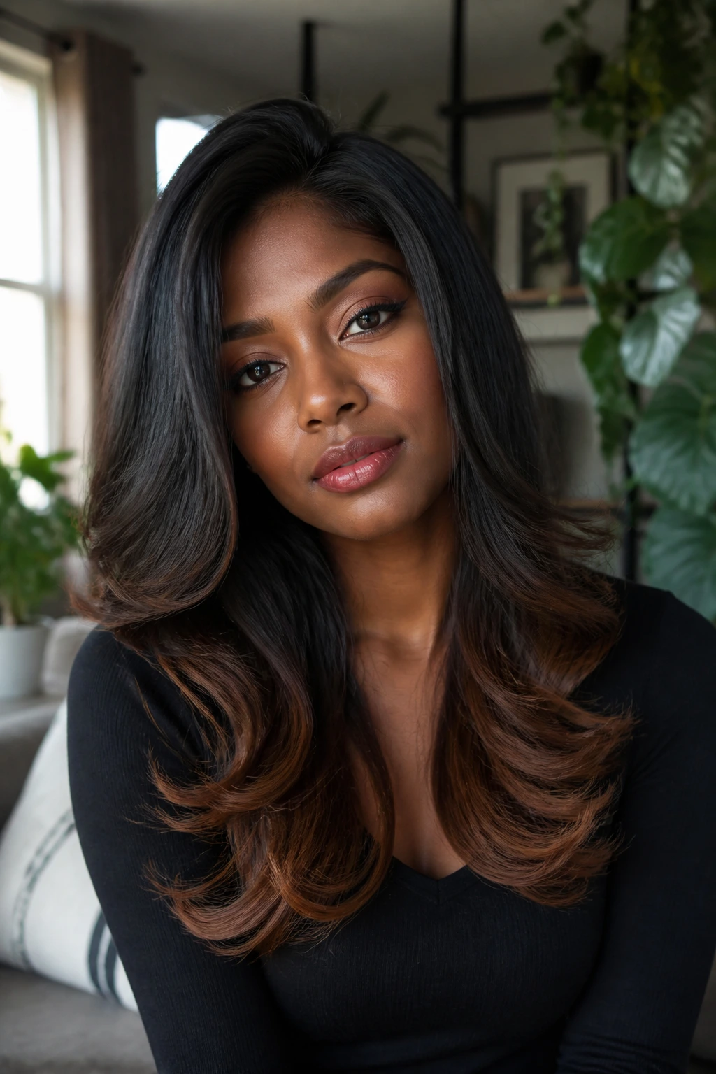 Portrait of a person with cinnamon-tipped long blowout layers on deep skin