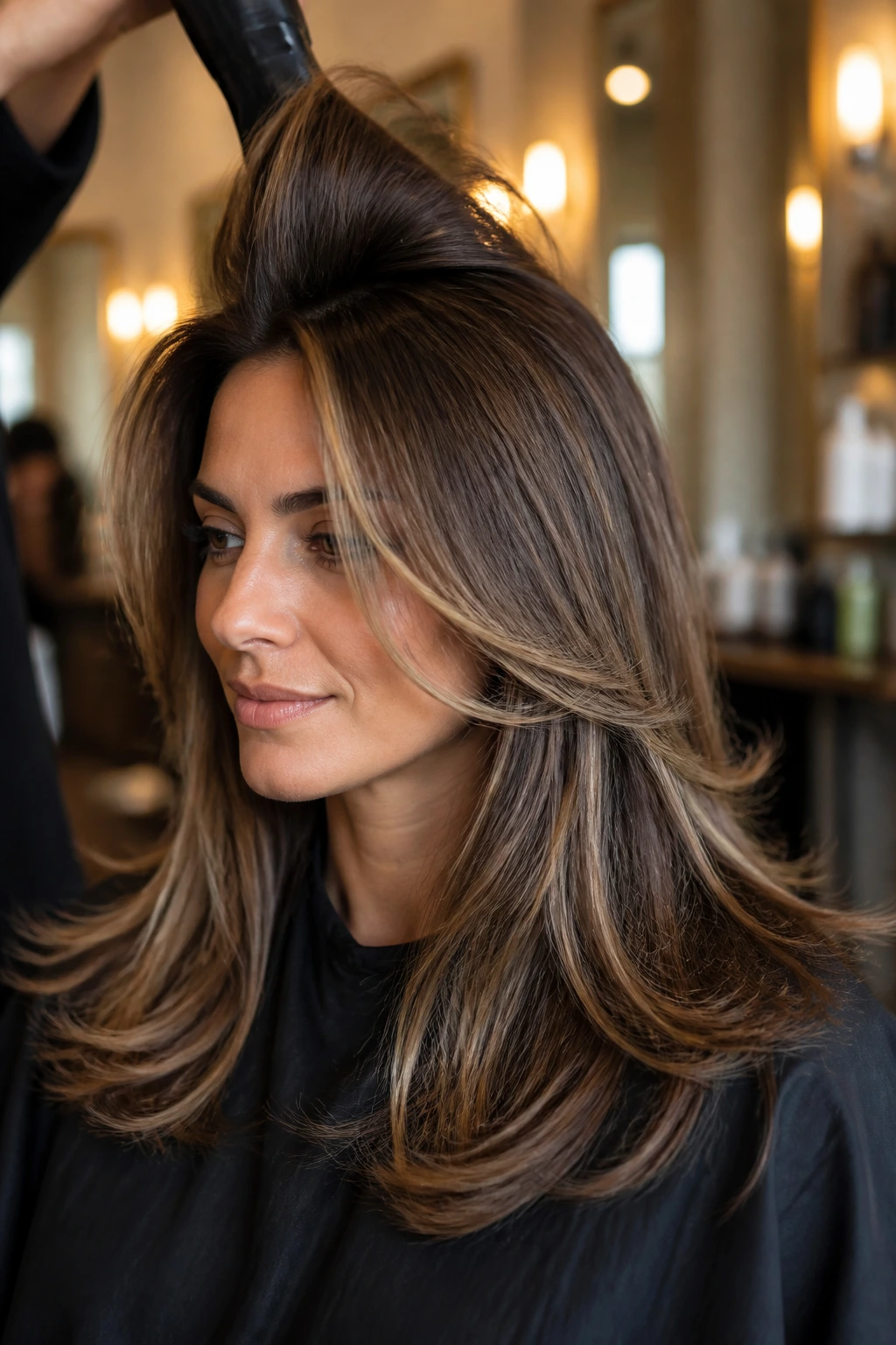 Close-up portrait of a real woman with lifted crown using blowout layers.