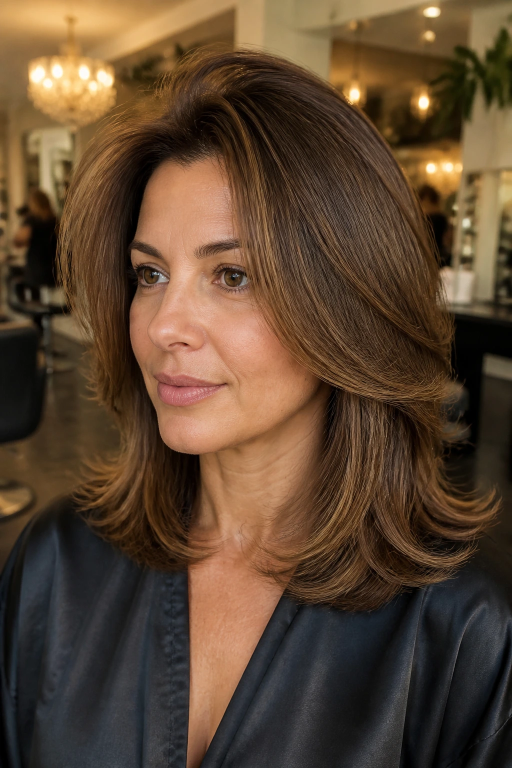 Close-up of a real woman with a crown-lift blowout and layered ends in a salon.