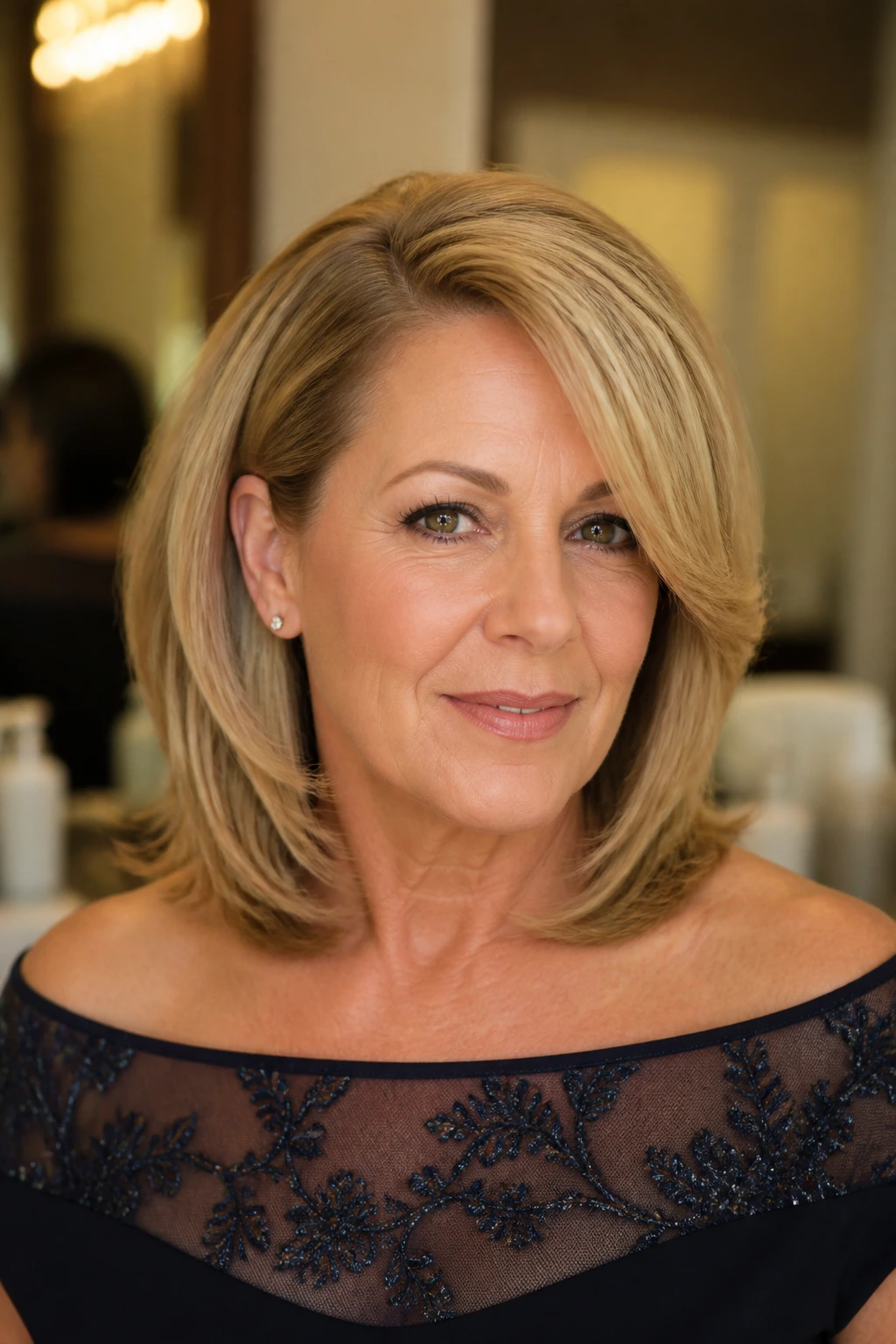 Real woman with shoulder-length blowout and deep side part, close-up