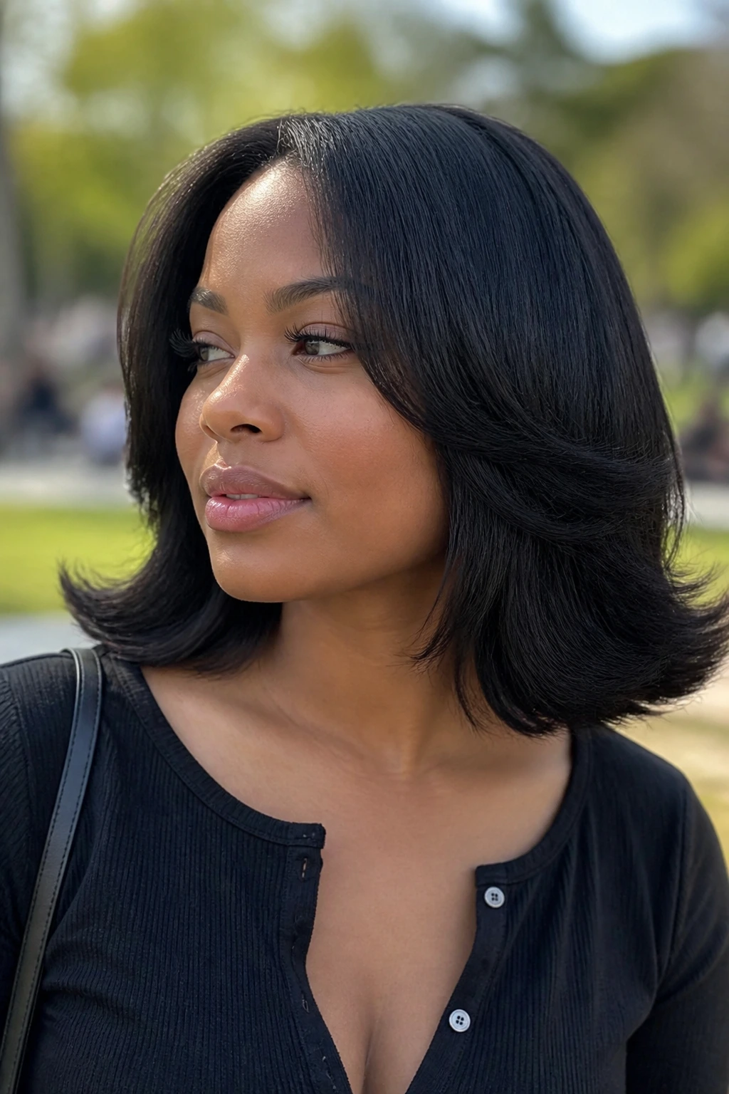 Close-up of a Black woman with flipped-out blowout ends in breeze