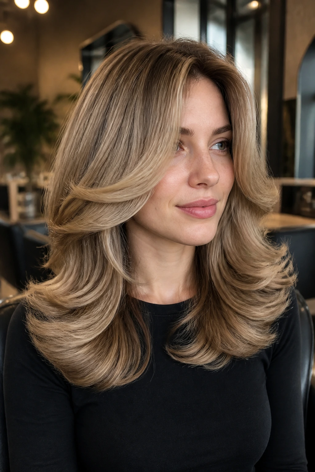 Close-up of a real woman with a big blowout and face-framing beige blonde