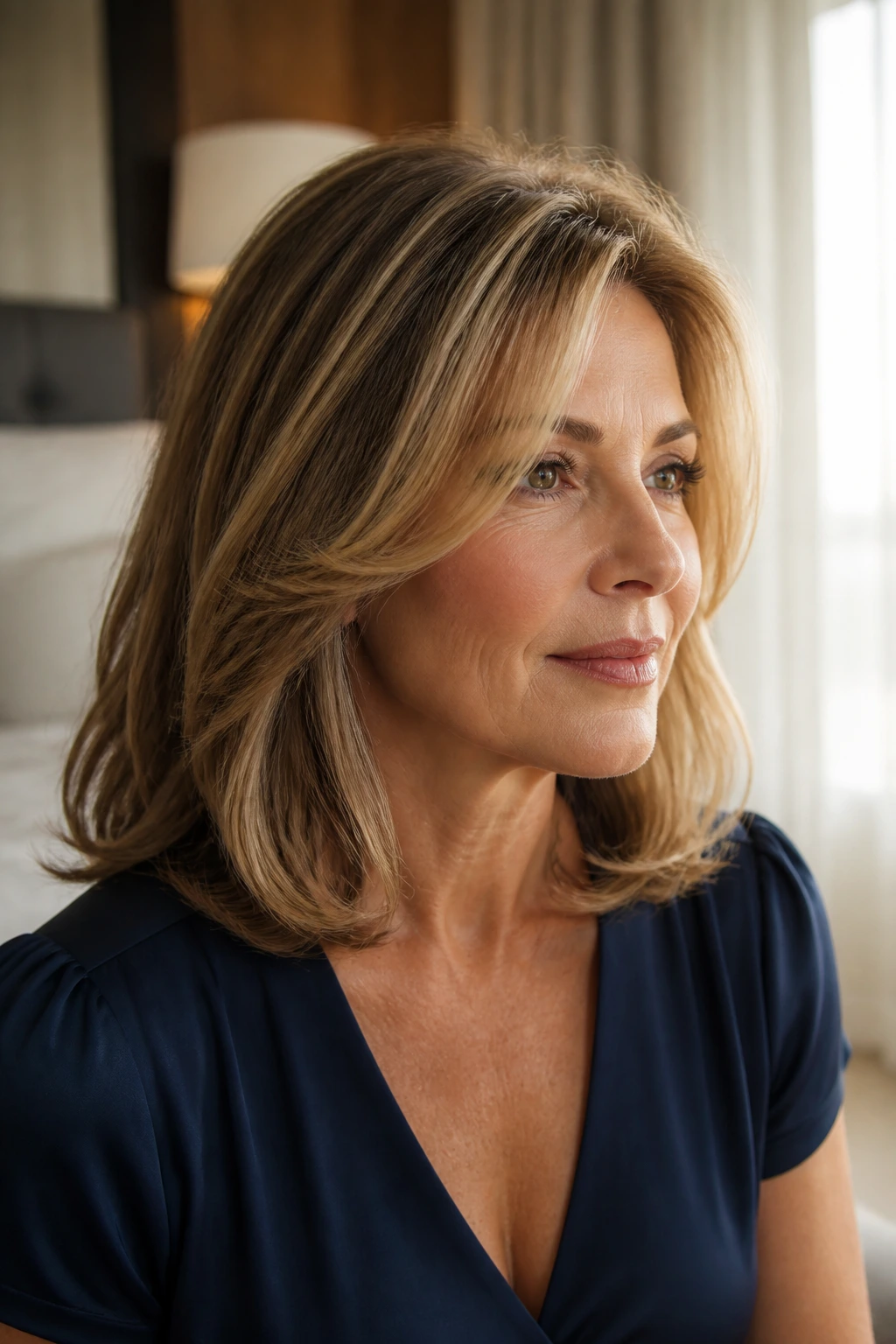 Close-up of a real woman with a polished shoulder-length blowout and face-framing layers.