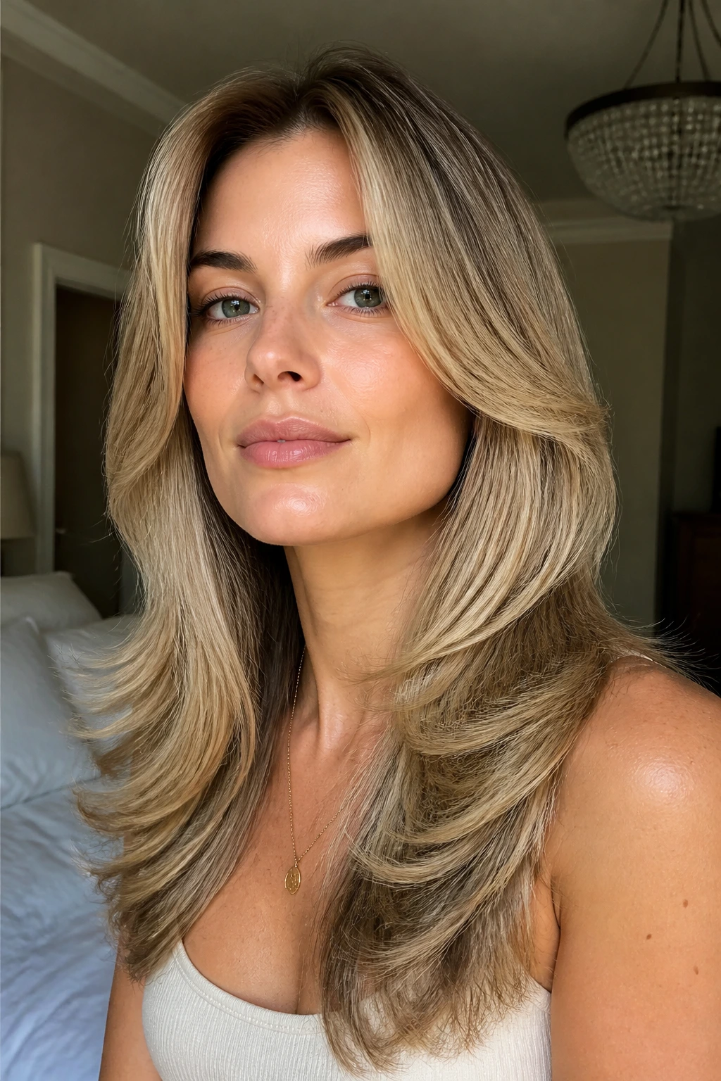 Close-up of a real woman with feathered-ended blowout highlighting soft jawline and crown lift