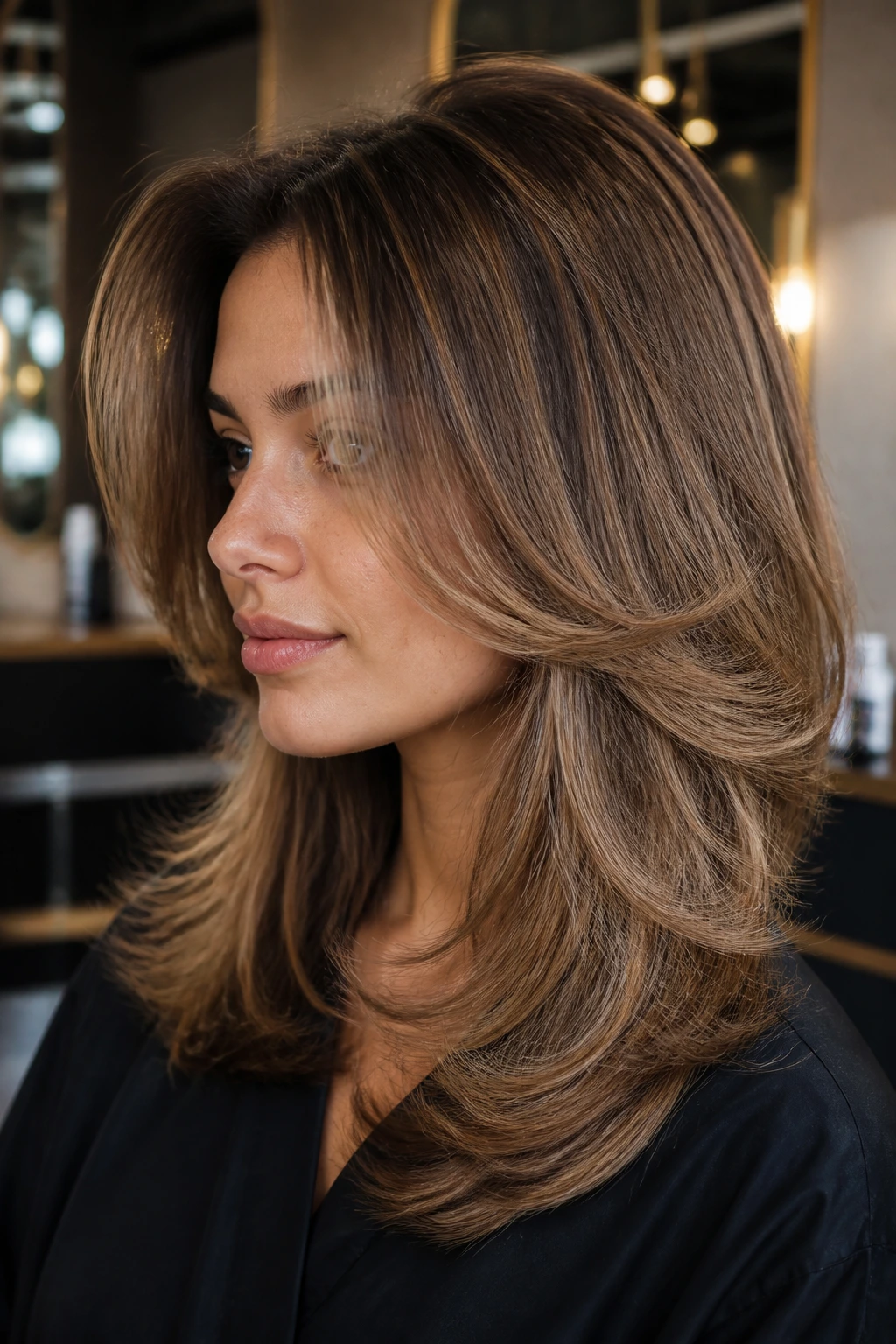 Close-up portrait of a real woman with big blowout feathered layers